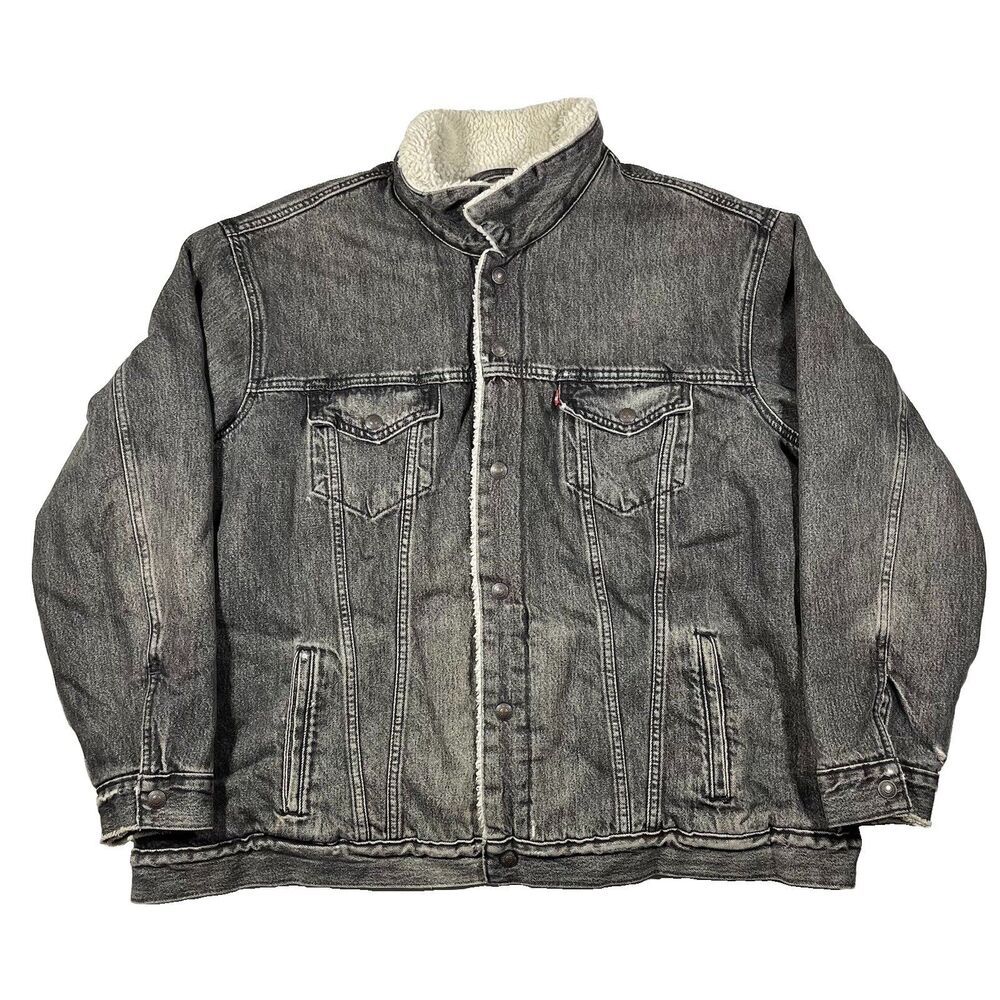 Levi’s Sherpa Lined Black Denim Trucker Jacket Relaxed Fit XXL